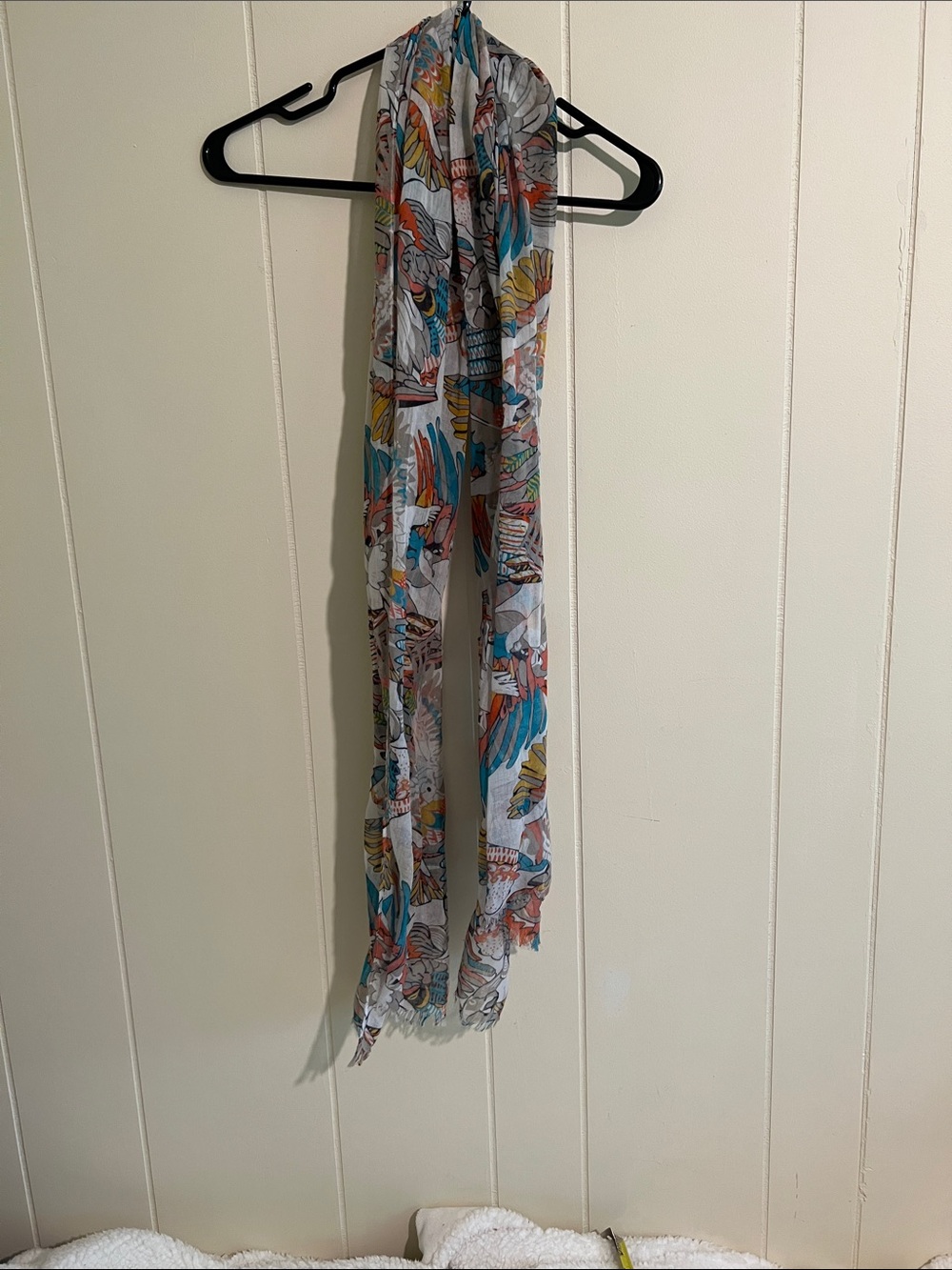 Lightweight Printed Scarf - White Base with Teal, Mustard & Coral Accents
